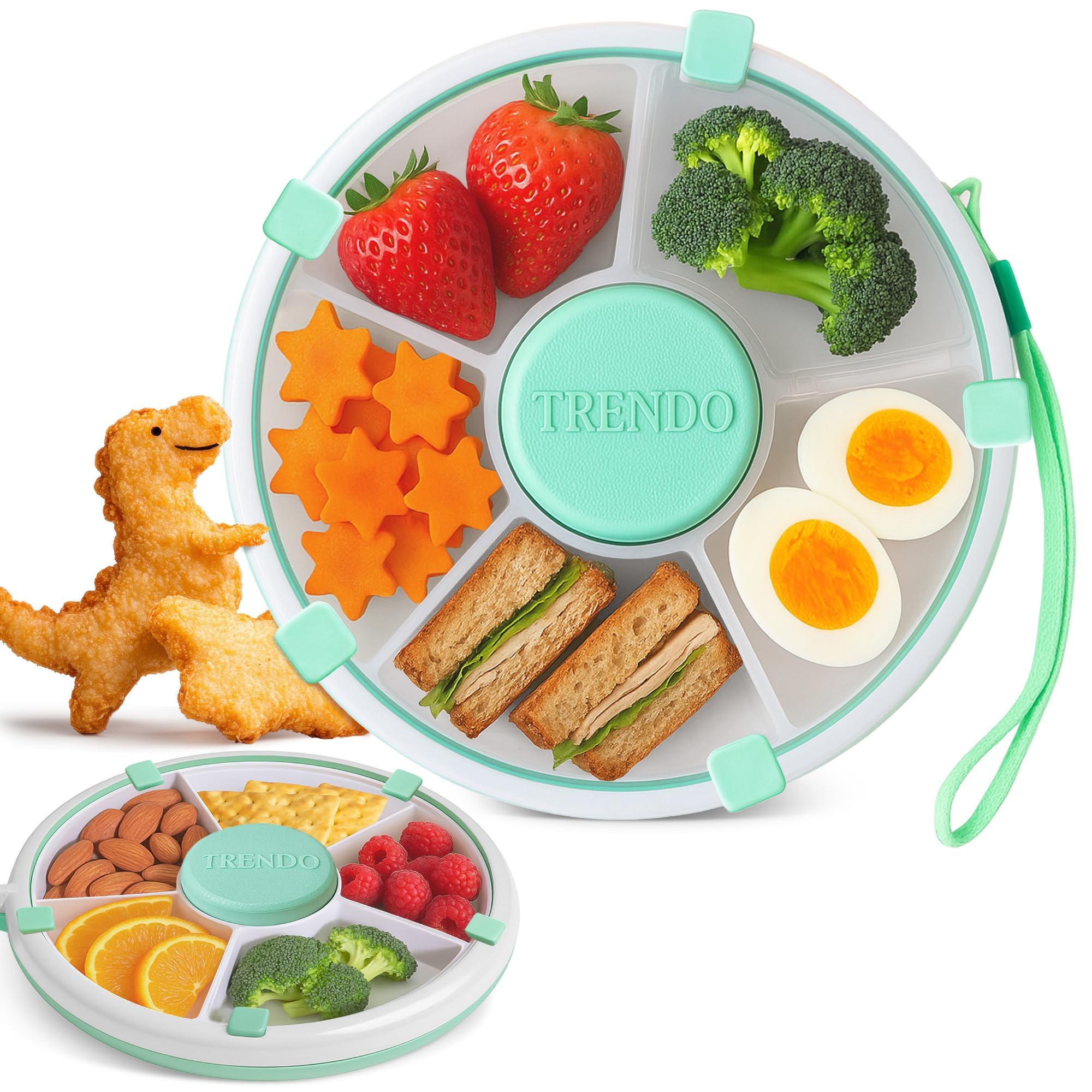 Trendo Snack Spinner green outer view shows portable, mess-free snack time for kids.