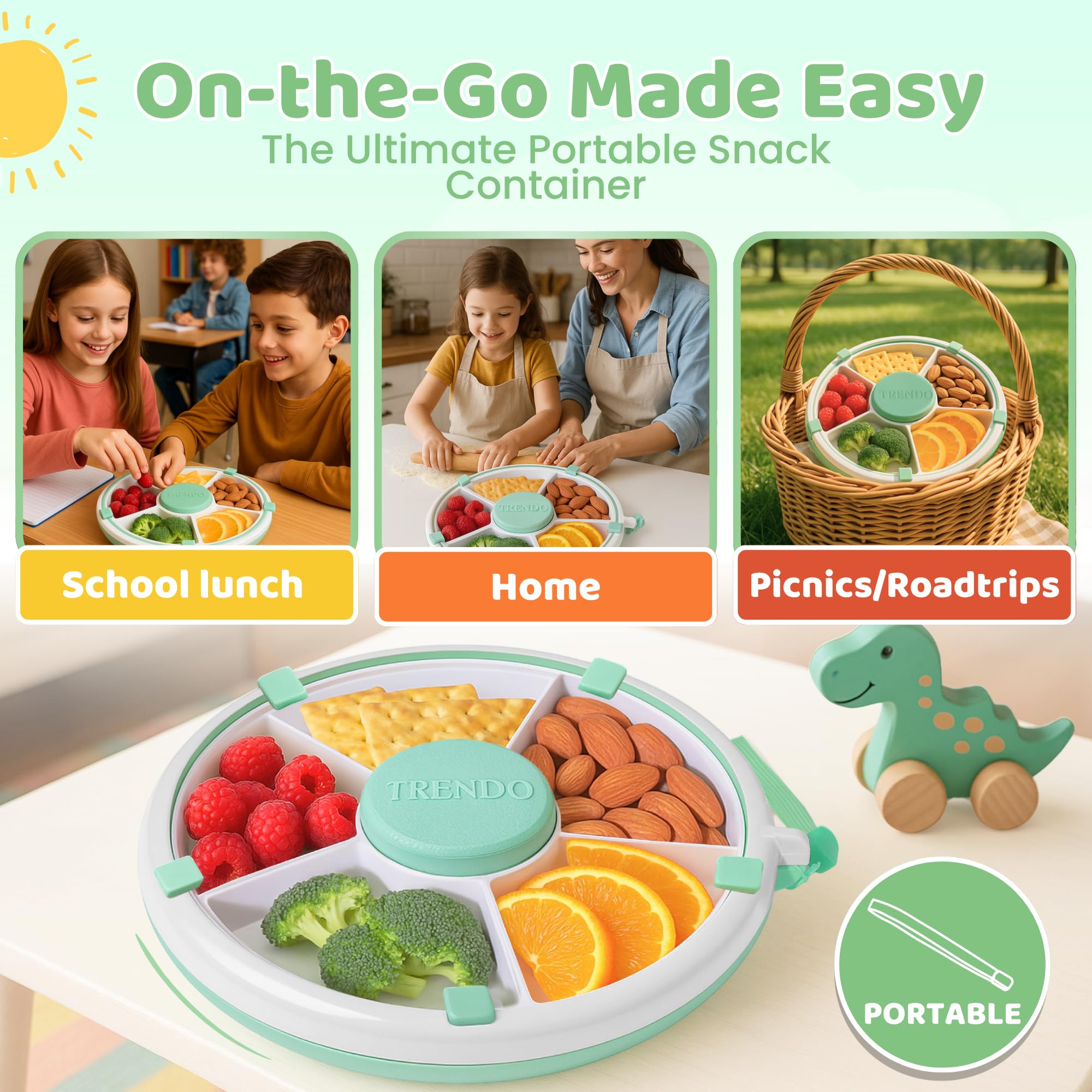 Trendo Snack Spinner leakproof seal prevents spills during travel or daycare.