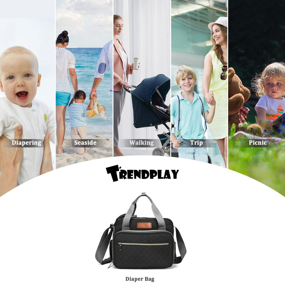 TRENDPLAY diaper bag tote converted to crossbody for hands-free strolling and travel.