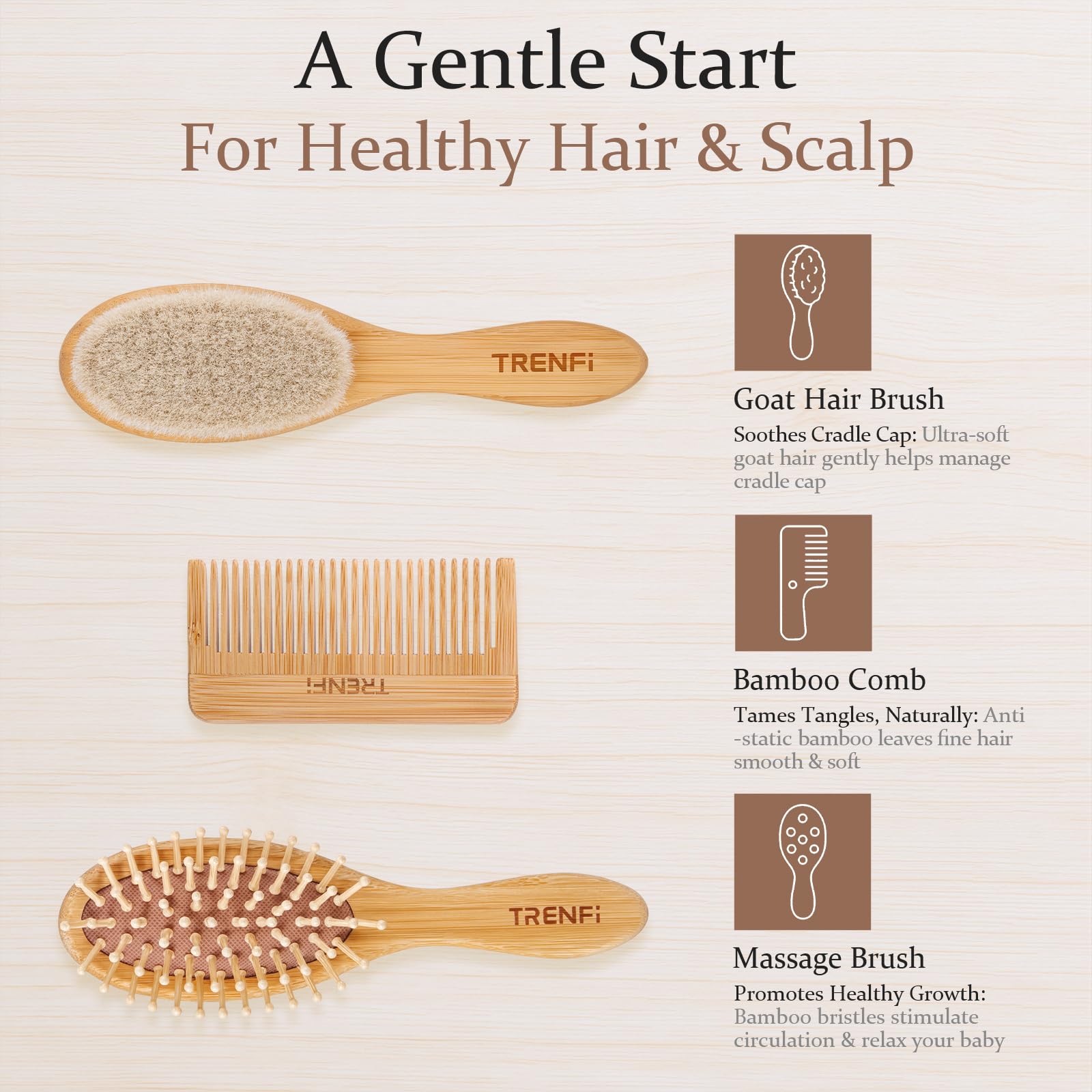 TRENFI bamboo baby comb close-up with fine teeth for emerging toddler tangles