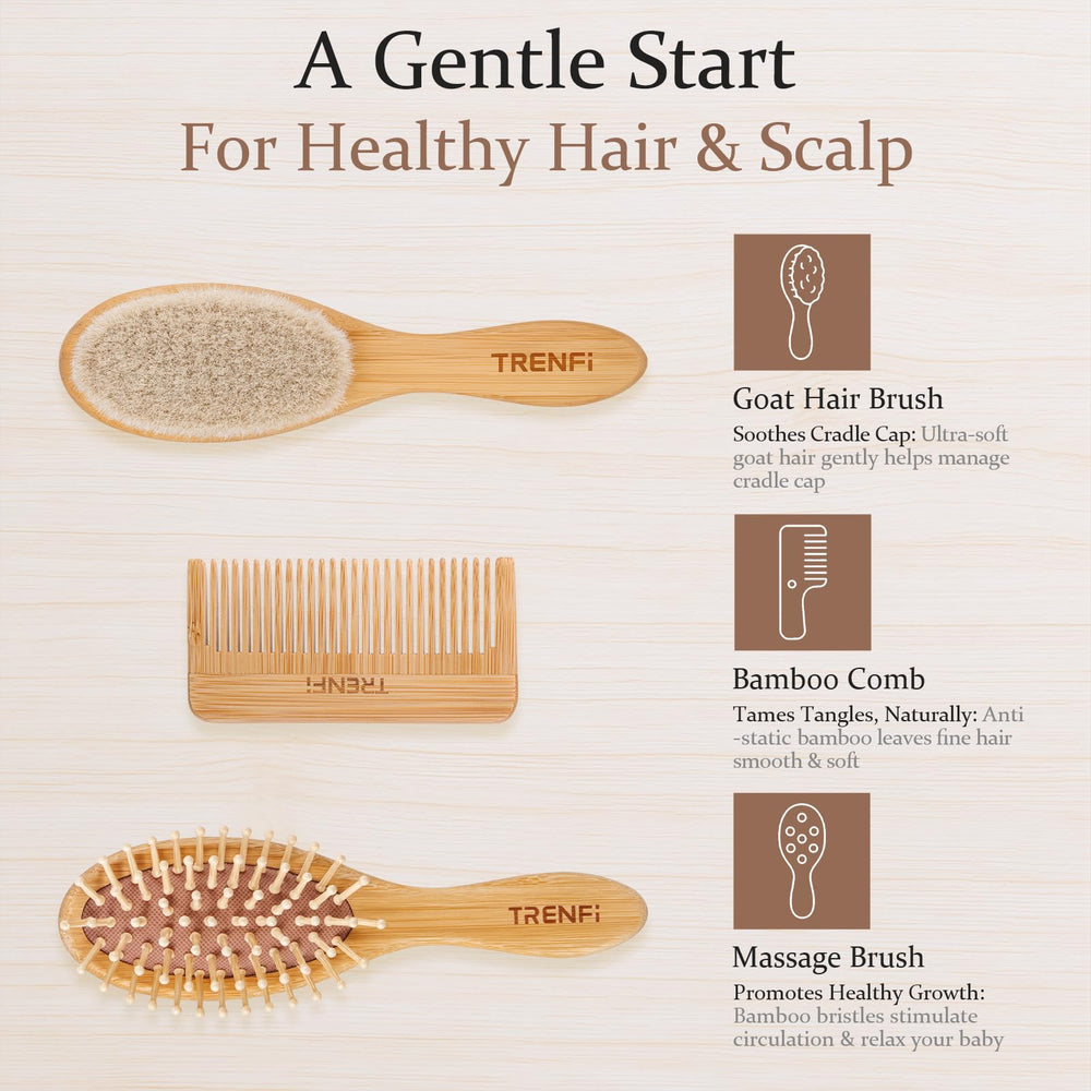 TRENFI bamboo baby comb close-up with fine teeth for emerging toddler tangles