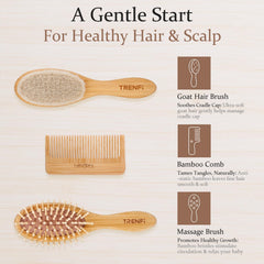 TRENFI bamboo baby comb close-up with fine teeth for emerging toddler tangles