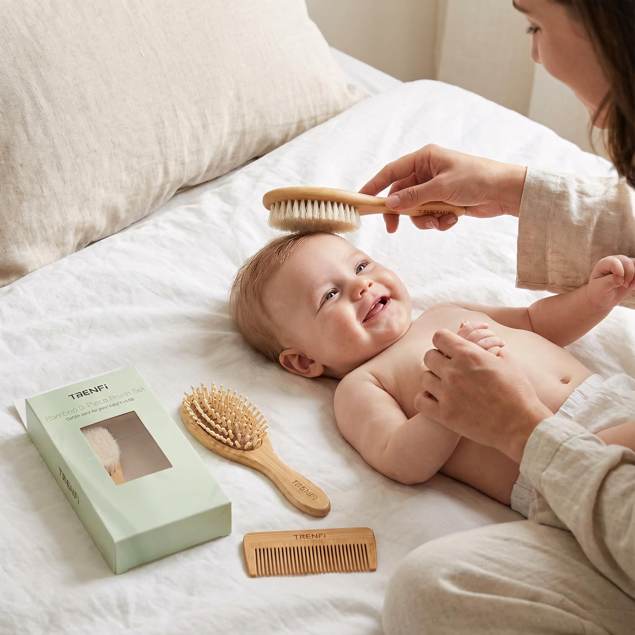 TRENFI bamboo baby hair brush bristles close-up showing soft, safe grooming