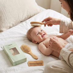 TRENFI bamboo baby hair brush bristles close-up showing soft, safe grooming