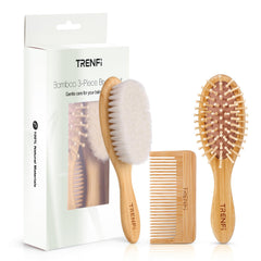 TRENFI bamboo baby hair brush close-up with soft goat bristles for gentle detangling