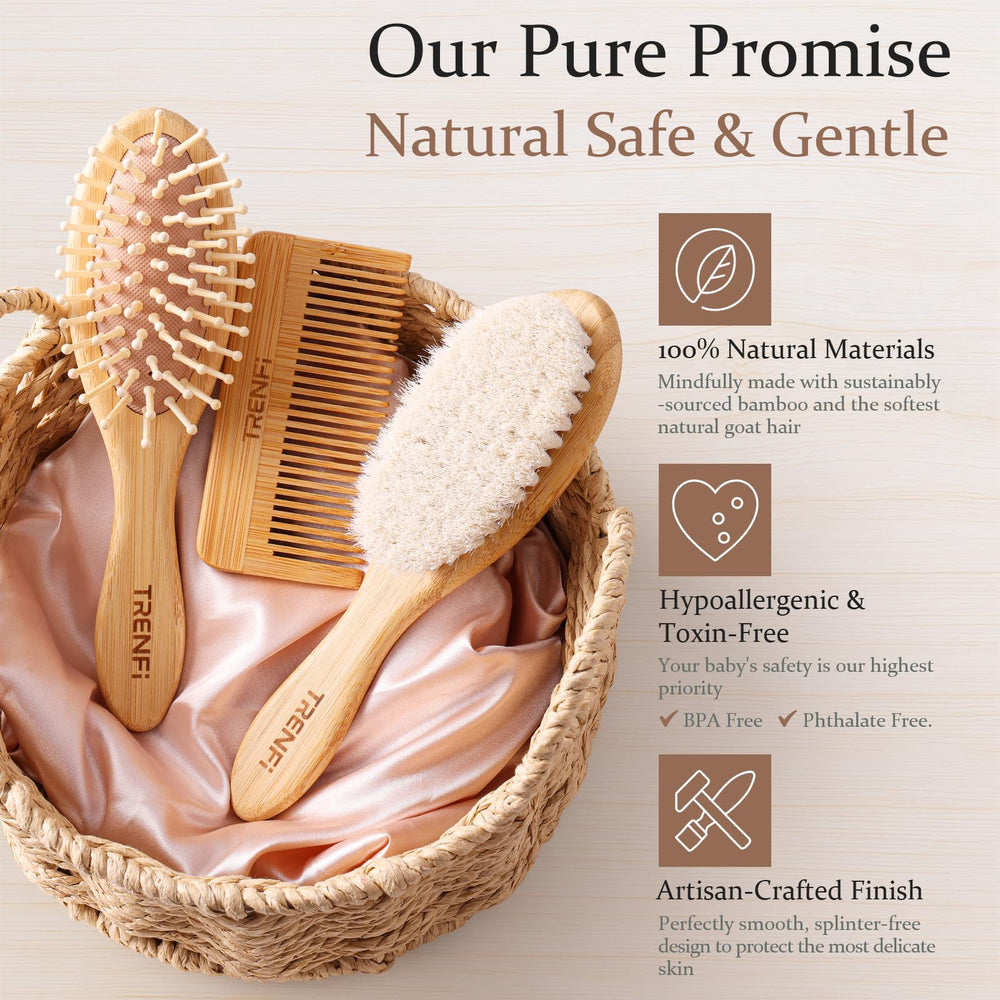 TRENFI bamboo baby massaging brush demonstrating soothing scalp massage