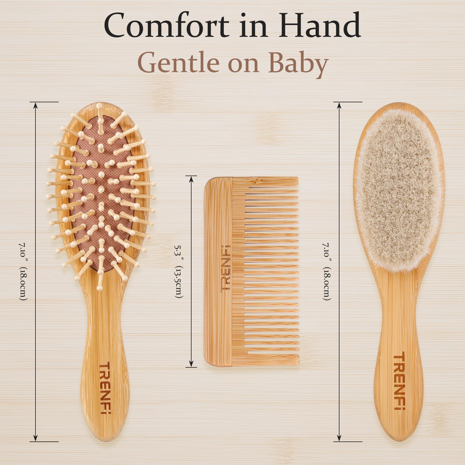 TRENFI bamboo baby brush texture highlighting natural wood safety and grip