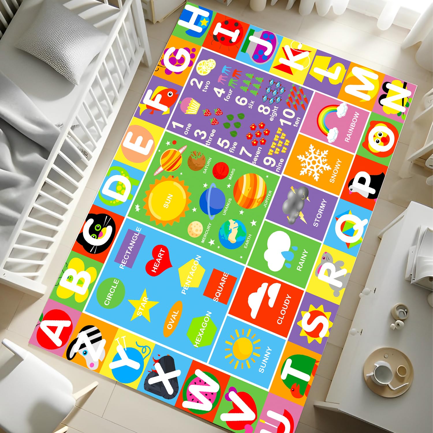 TRHEAVNIC Alphabet Rug letters on plush surface ideal for early literacy play.