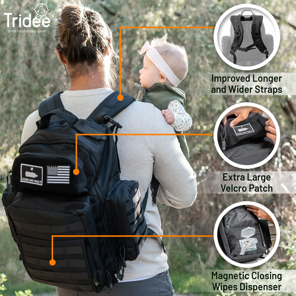 Tridee Dad Diaper Bag MOLLE strap closeup highlights durability and adjustability.