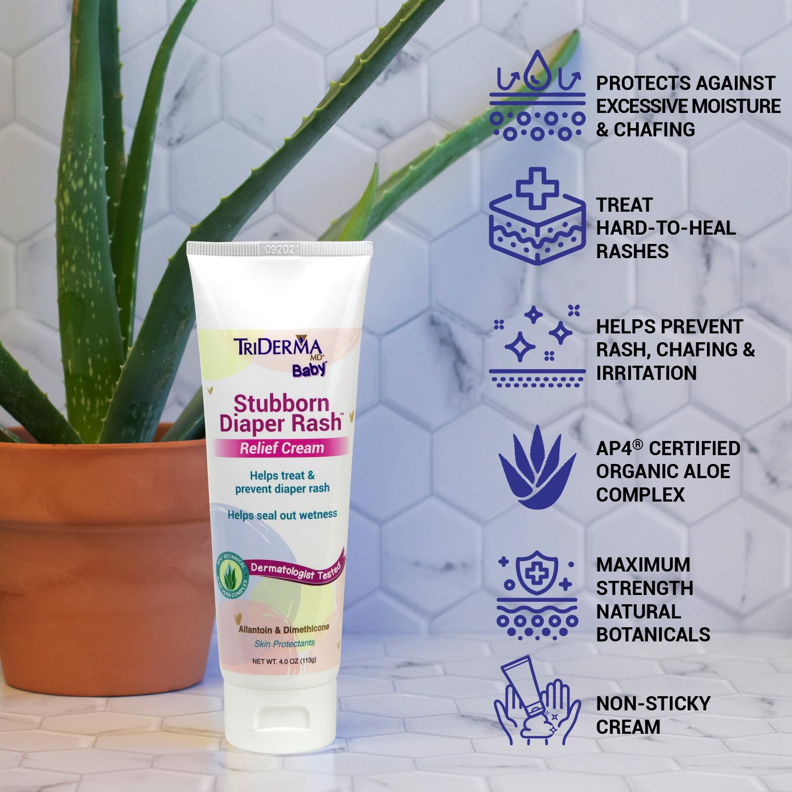 TriDerma Stubborn Diaper Rash Cream application on baby skin for quick soothing.