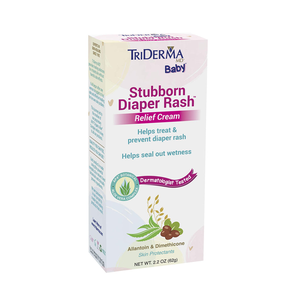 TriDerma Stubborn Diaper Rash Cream close-up on smooth baby skin.