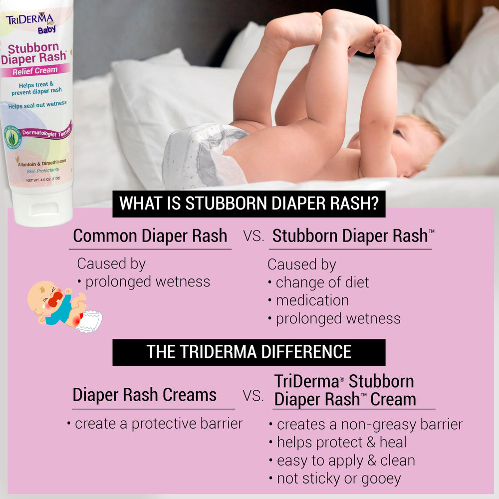 TriDerma Stubborn Diaper Rash Cream tube back with product details and usage guidance.