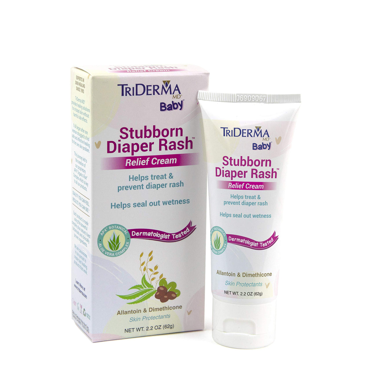 TriDerma Stubborn Diaper Rash Cream tube front displaying gentle relief for diaper area.
