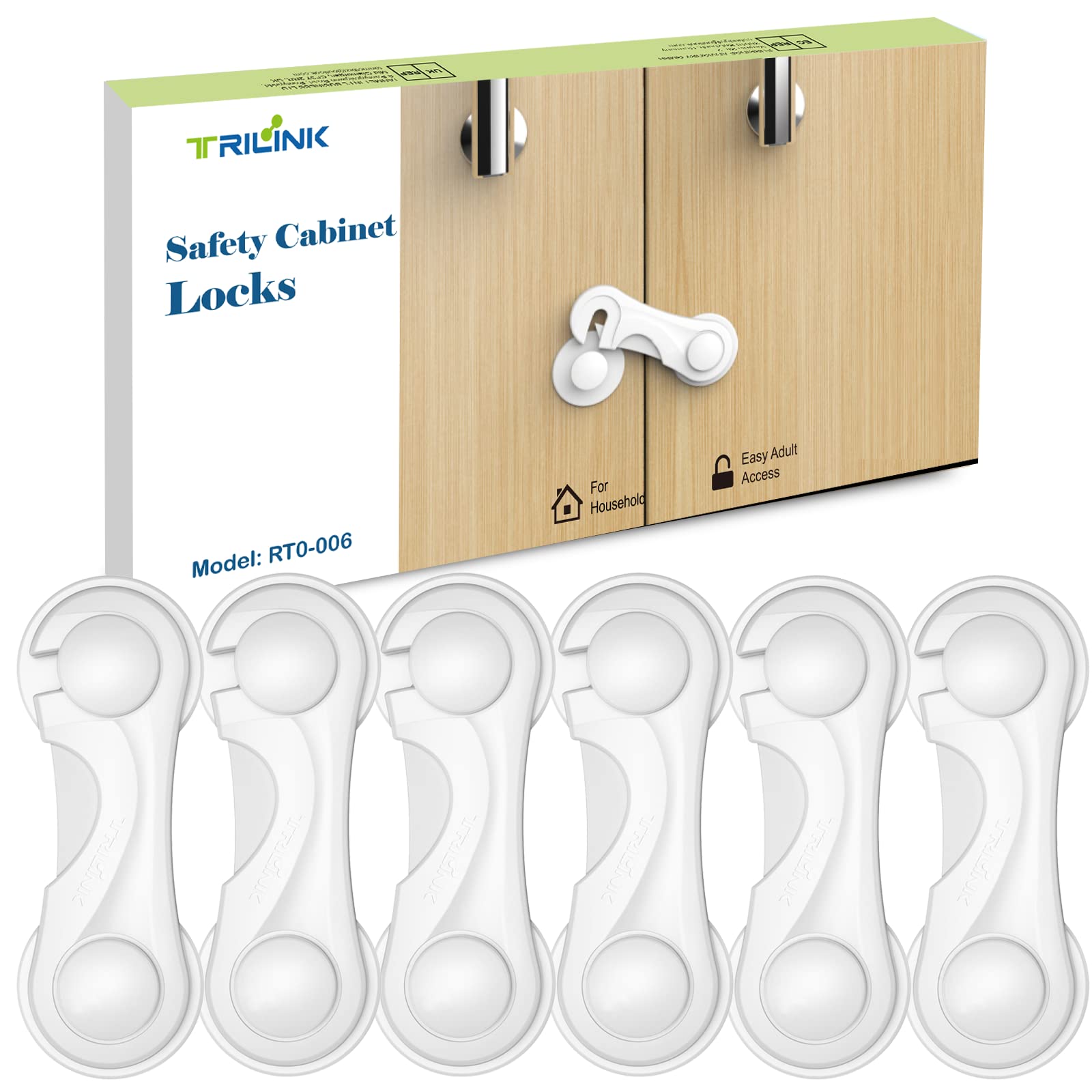 TRILINK cabinet locks 6-pack on kitchen cabinet doors promote child safety and organization.
