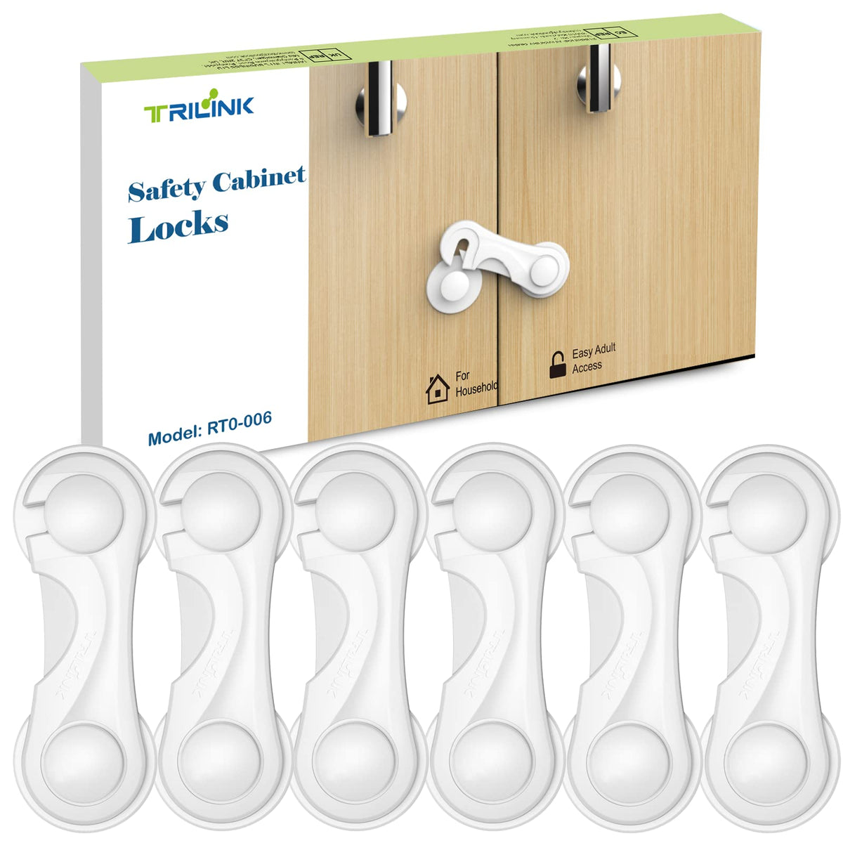 TRILINK cabinet locks 6-pack on kitchen cabinet doors promote child safety and organization.