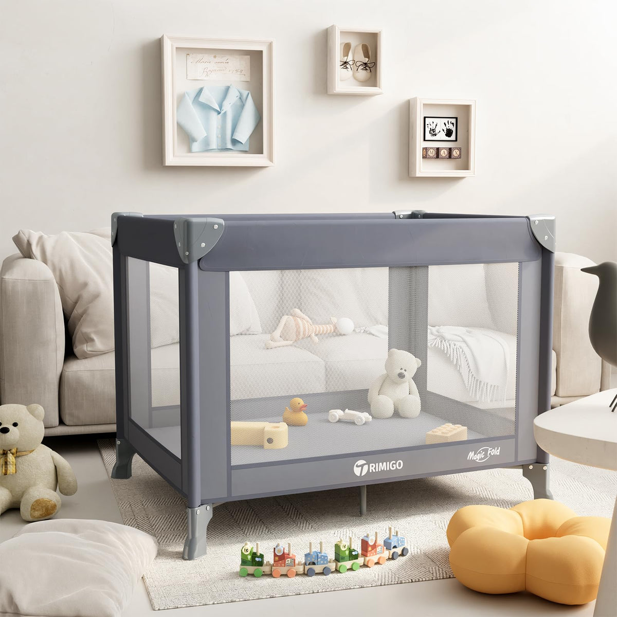 Trimigo portable travel crib with mattress for comfortable on-the-go naps.