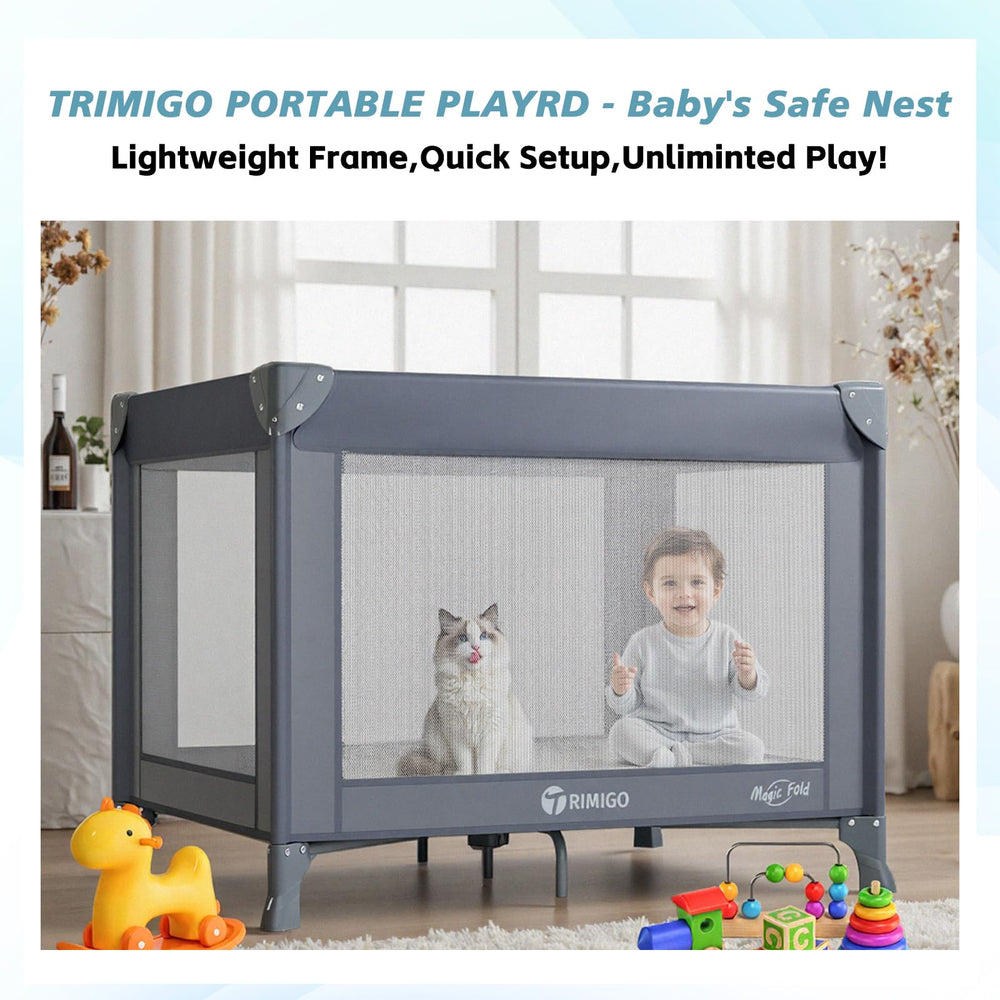 Trimigo travel crib with breathable mesh sides for airflow and monitoring.