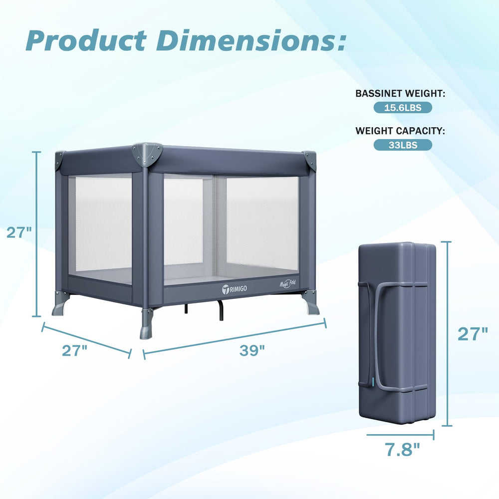 Trimigo travel crib with included bag and mattress for easy trips.