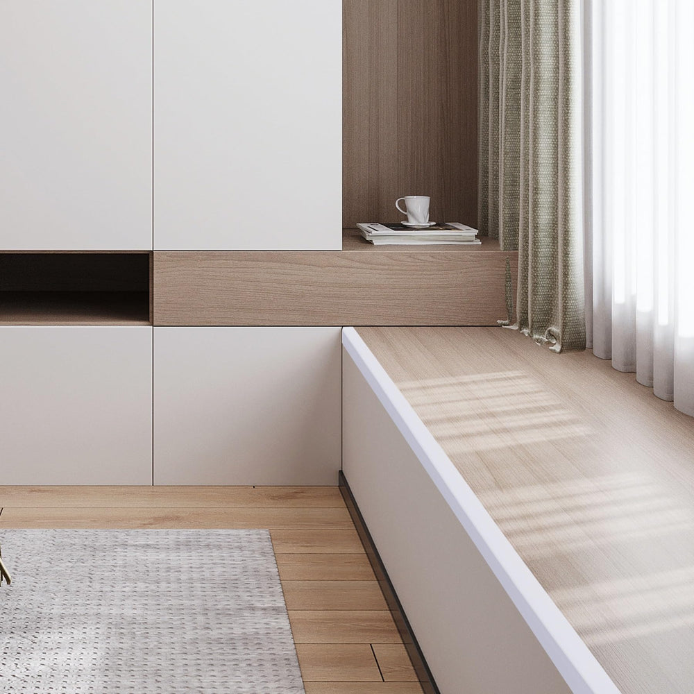 Trimold L-molding line along baseboard enhances decor and provides protection.