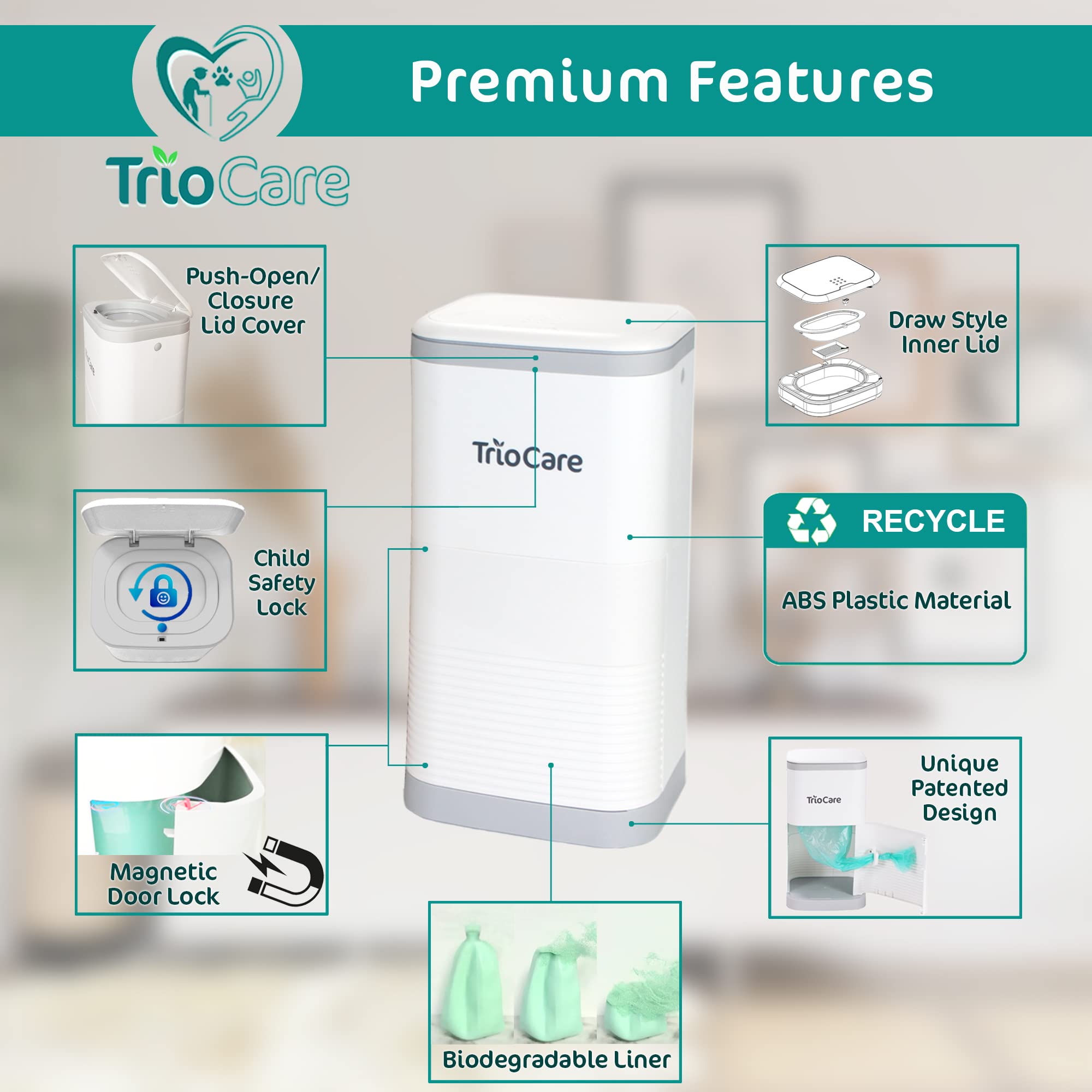 TrioCare inner lid rubber seal close-up shows durable odor protection.