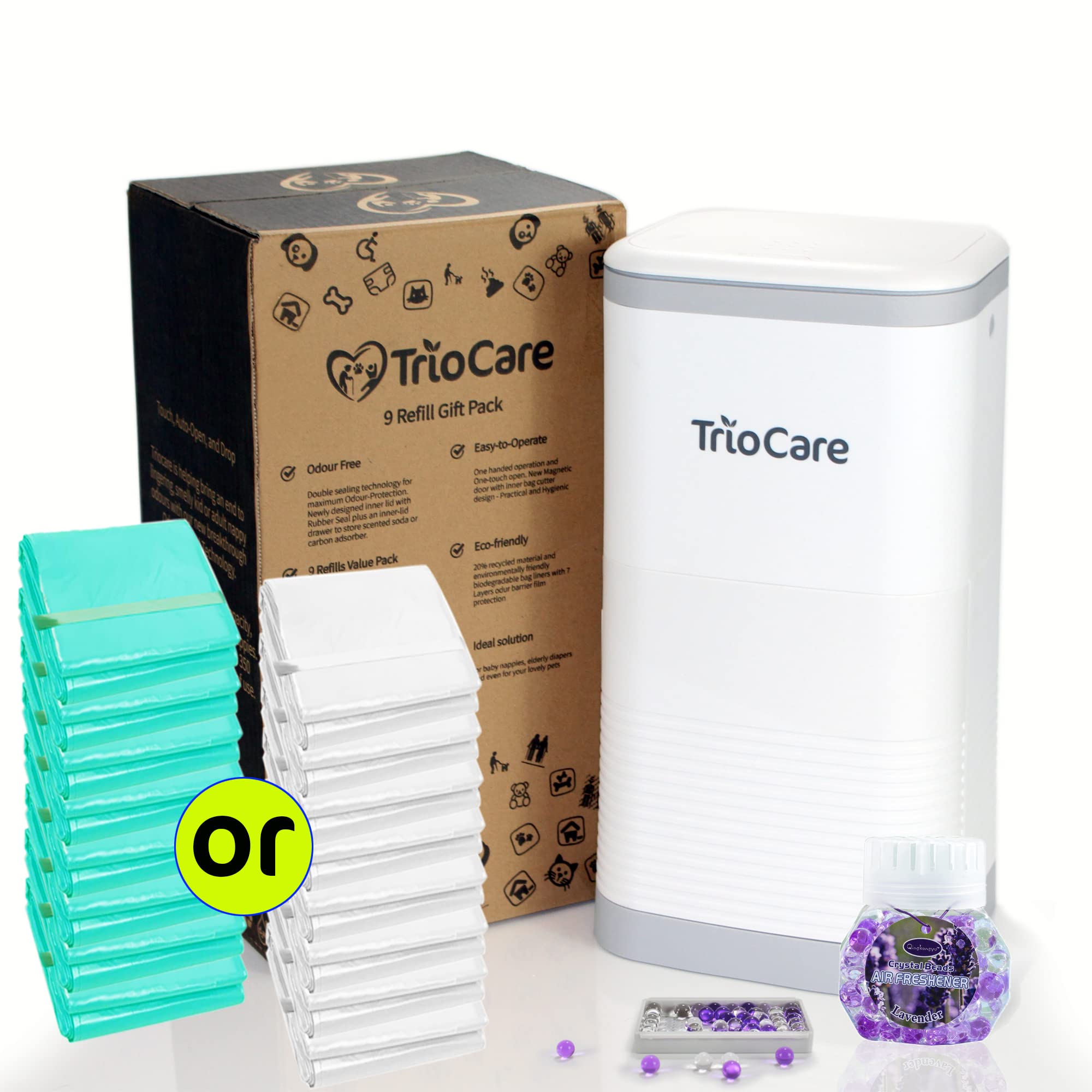 TrioCare odor-locking diaper pail white front view reduces odors in spaces.