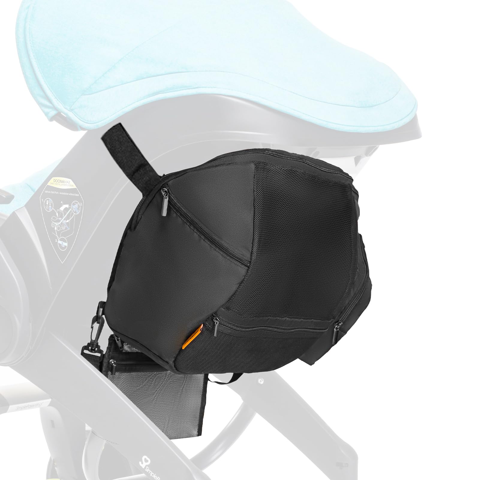 TRIPDAILY storage bag attaches to the Doona stroller for quick, secure access.