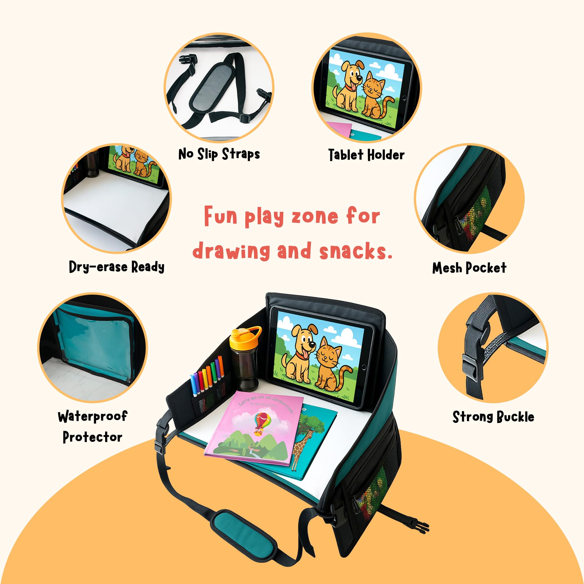 Triple EEE Adventures detachable tablet holder secures tablets for on-the-go viewing.