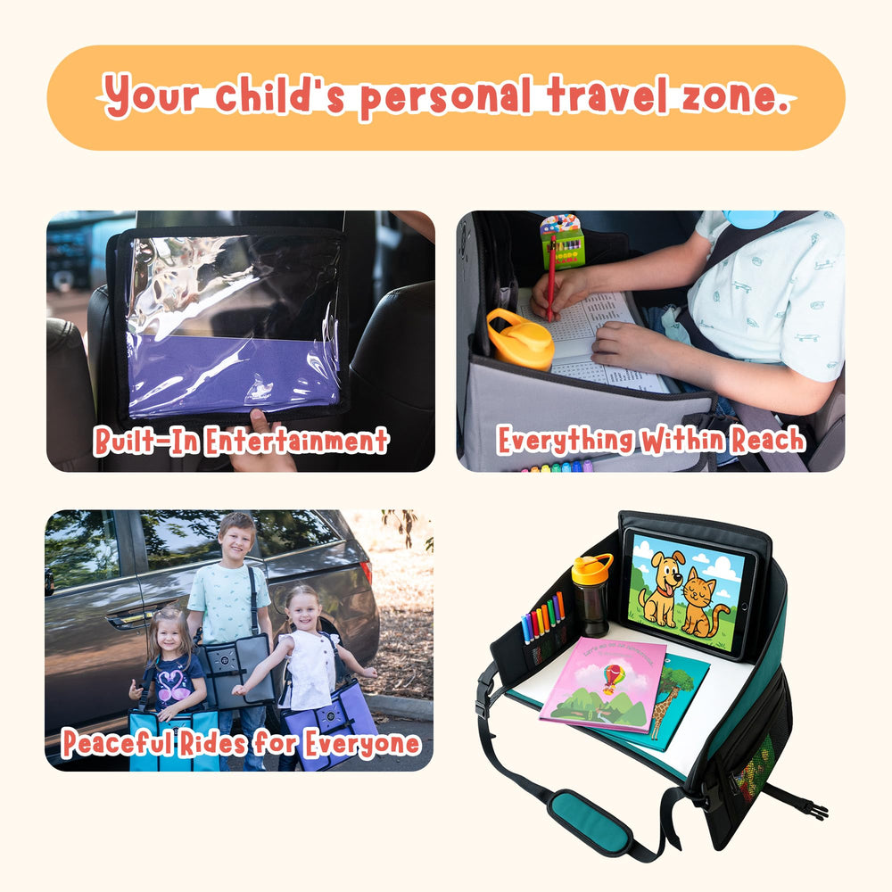 Triple EEE Adventures Kids Travel Tray gray adjustable strap secures tray to seat