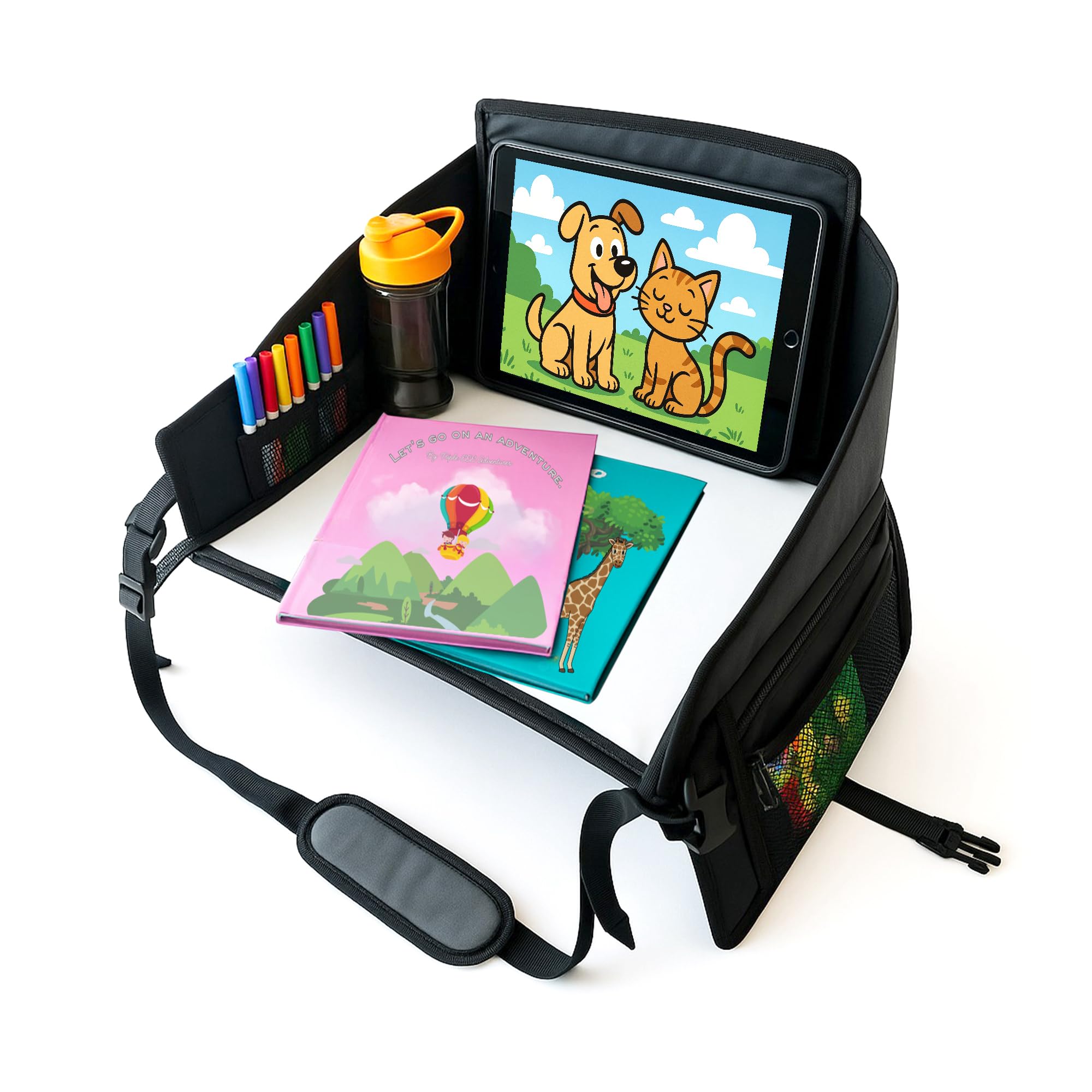 Triple EEE Adventures Kids Travel Tray gray front view keeps snacks and activities within reach