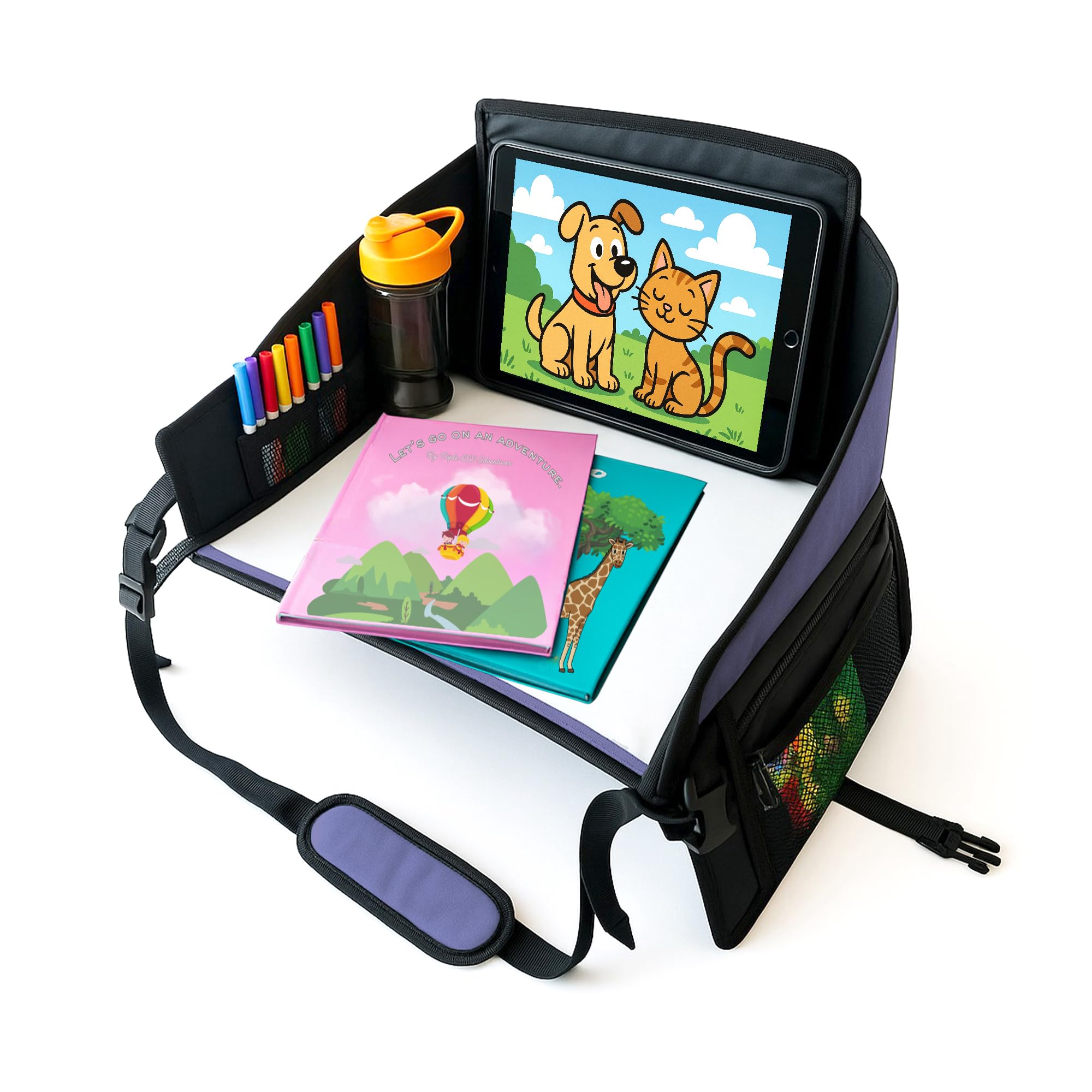 Triple EEE Adventures kids travel tray purple overview with stable, mess-ready surface for road trips.