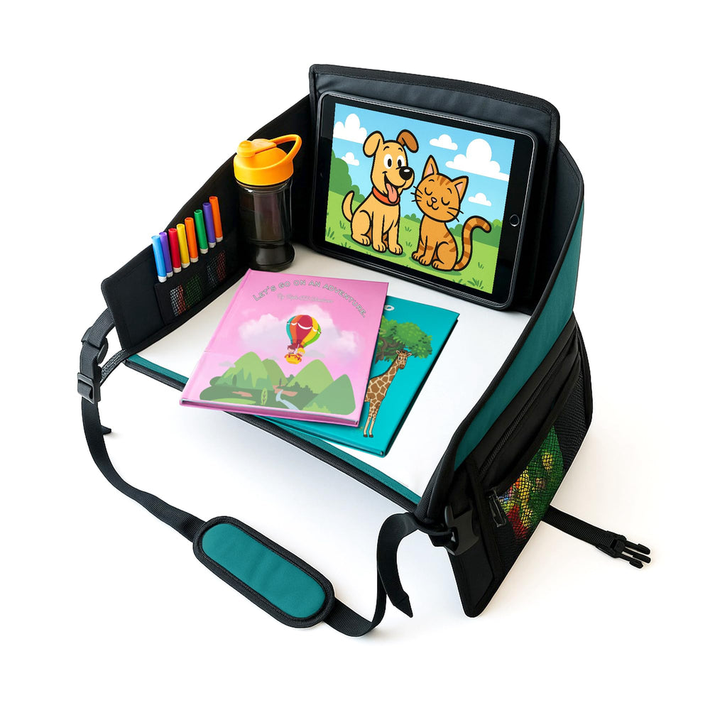 Triple EEE Adventures kids travel tray teal setup on car seat for organized travel activity space.
