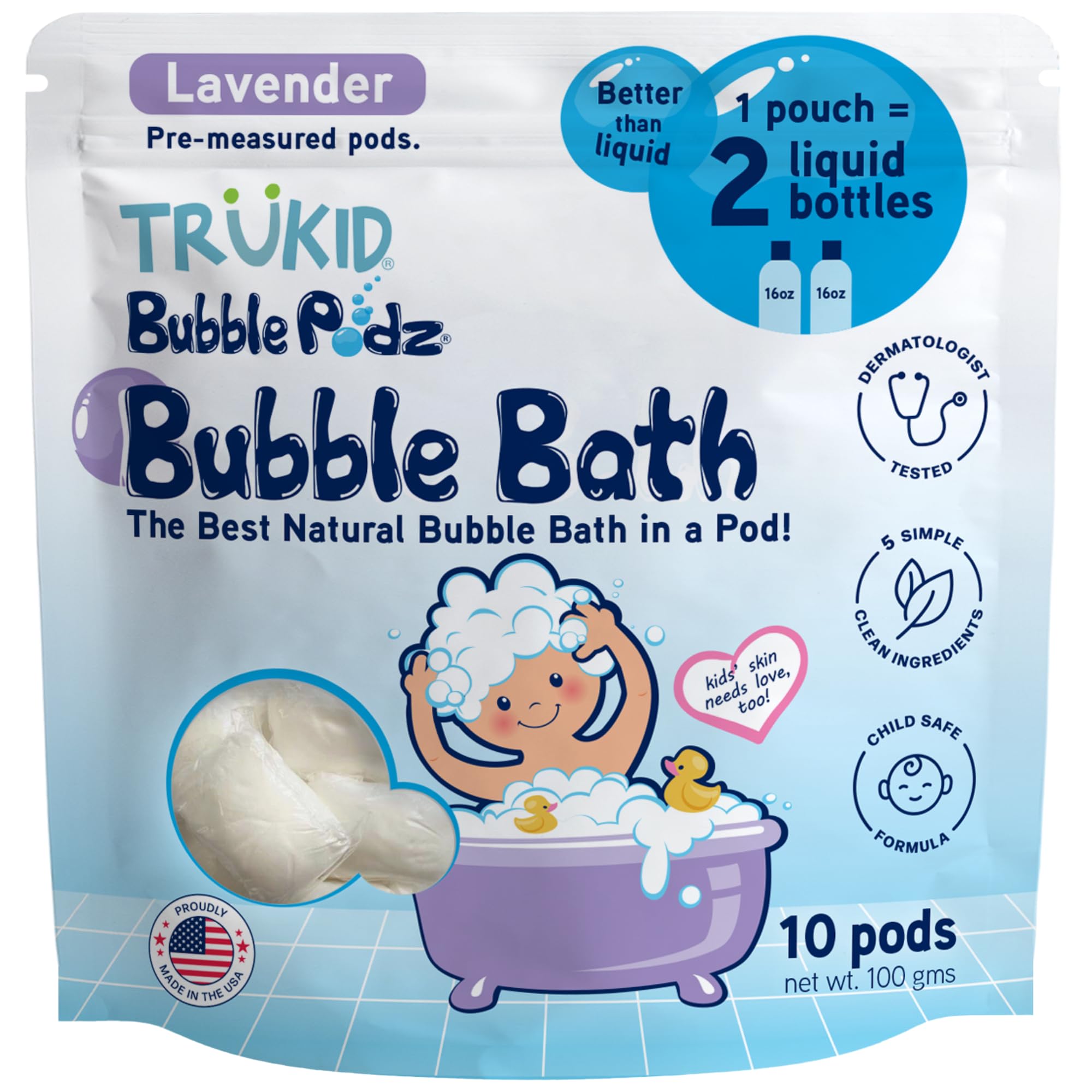TruKid Bubble Podz closeup shows bubbly foam for gentle bath time