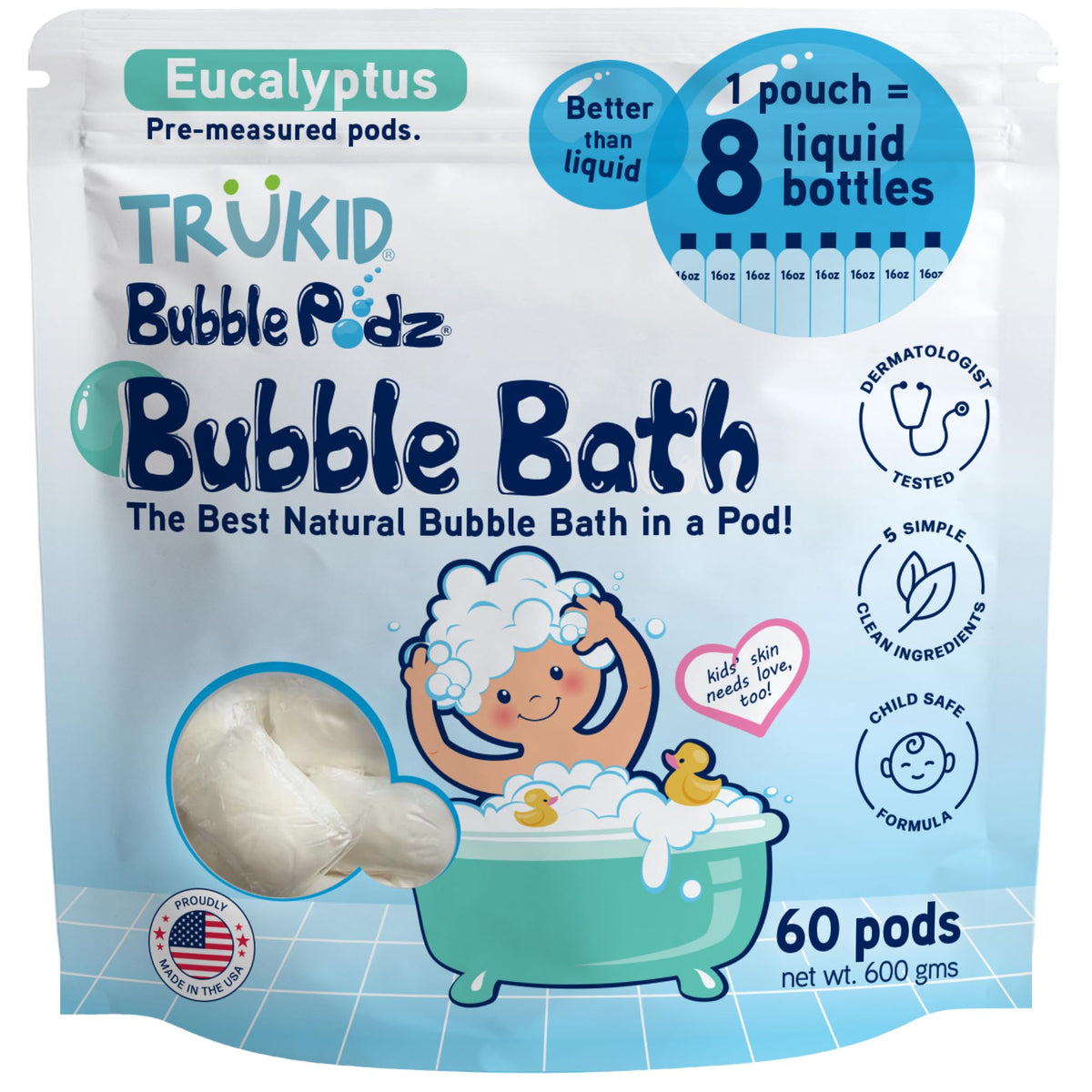 TruKid Bubble Podz tub view — tear-free bubbles for kids.