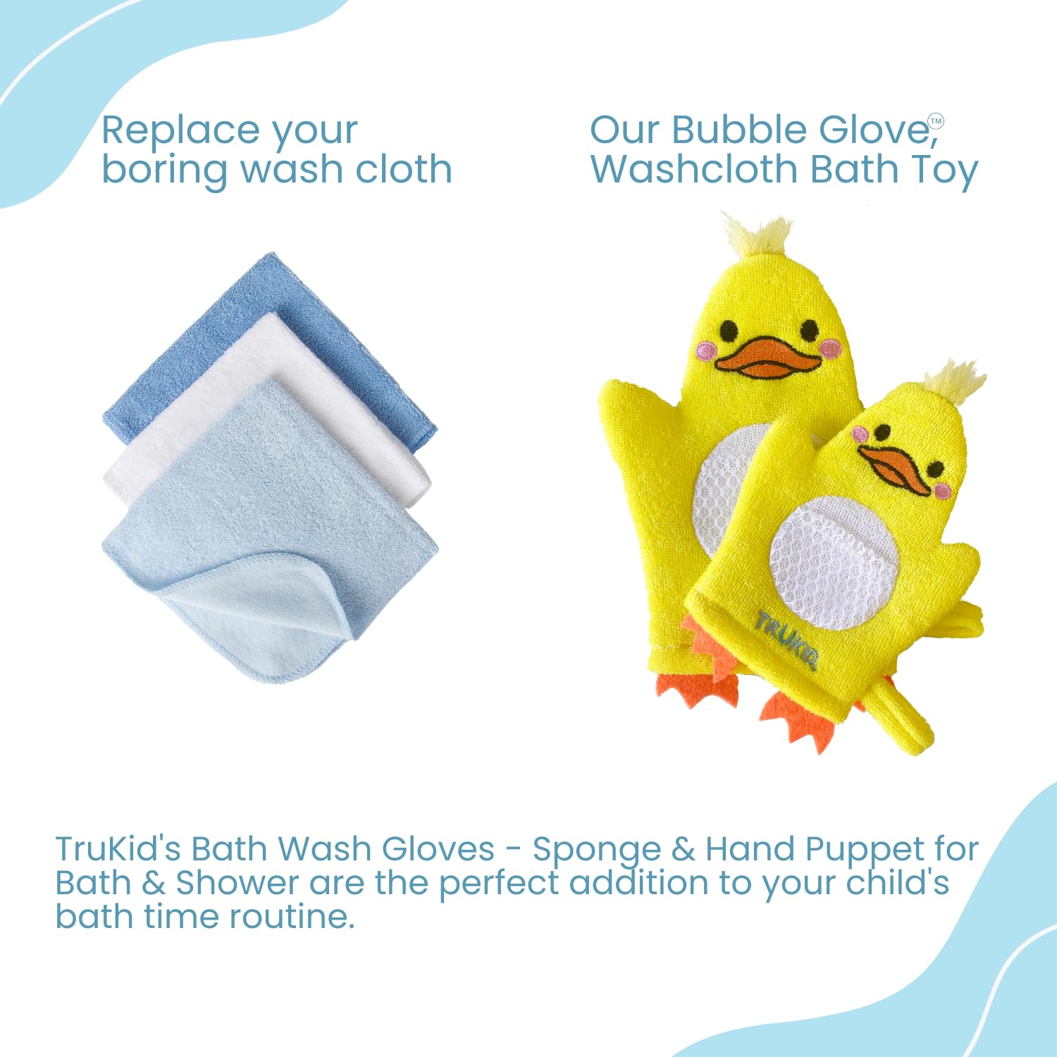 TruKid BubbleGlove 2-pack mommy-me set supports shared bath routines with comfortable fit.