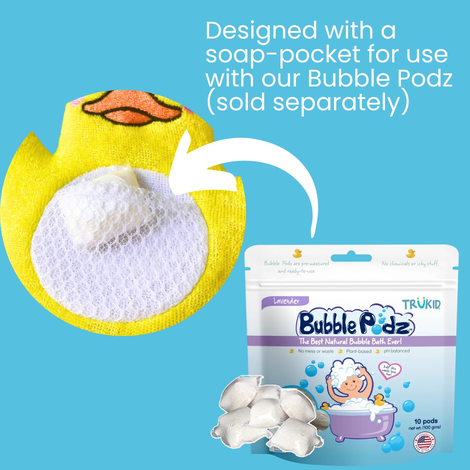 TruKid BubbleGlove bath glove soft sponge provides gentle cleansing for little skin.