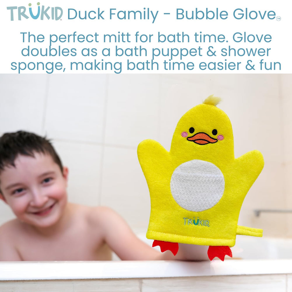 TruKid BubbleGlove bath-time fun with duck family encourages good hygiene habits.