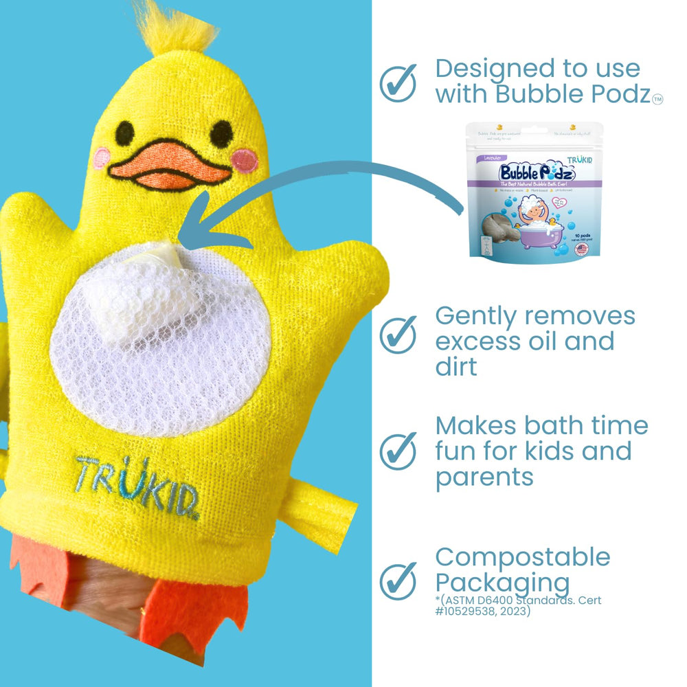TruKid BubbleGlove soap-pocket highlights BubblePodz compatibility for mess-free bathing.