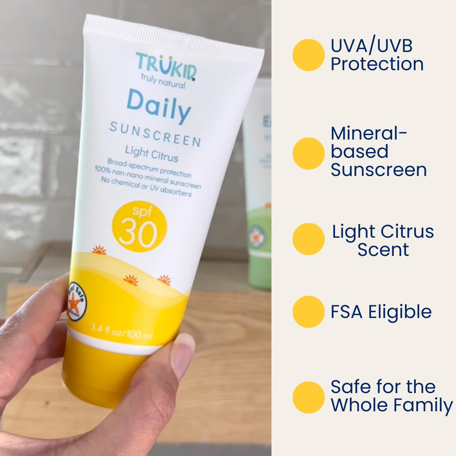 TruKid sunscreen face-body application shows lightweight, non-greasy coverage for outdoor play.