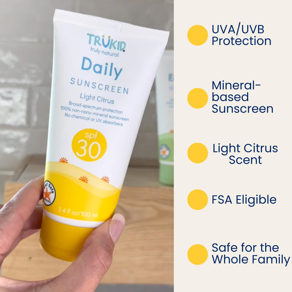 TruKid sunscreen face-body application shows lightweight, non-greasy coverage for outdoor play.