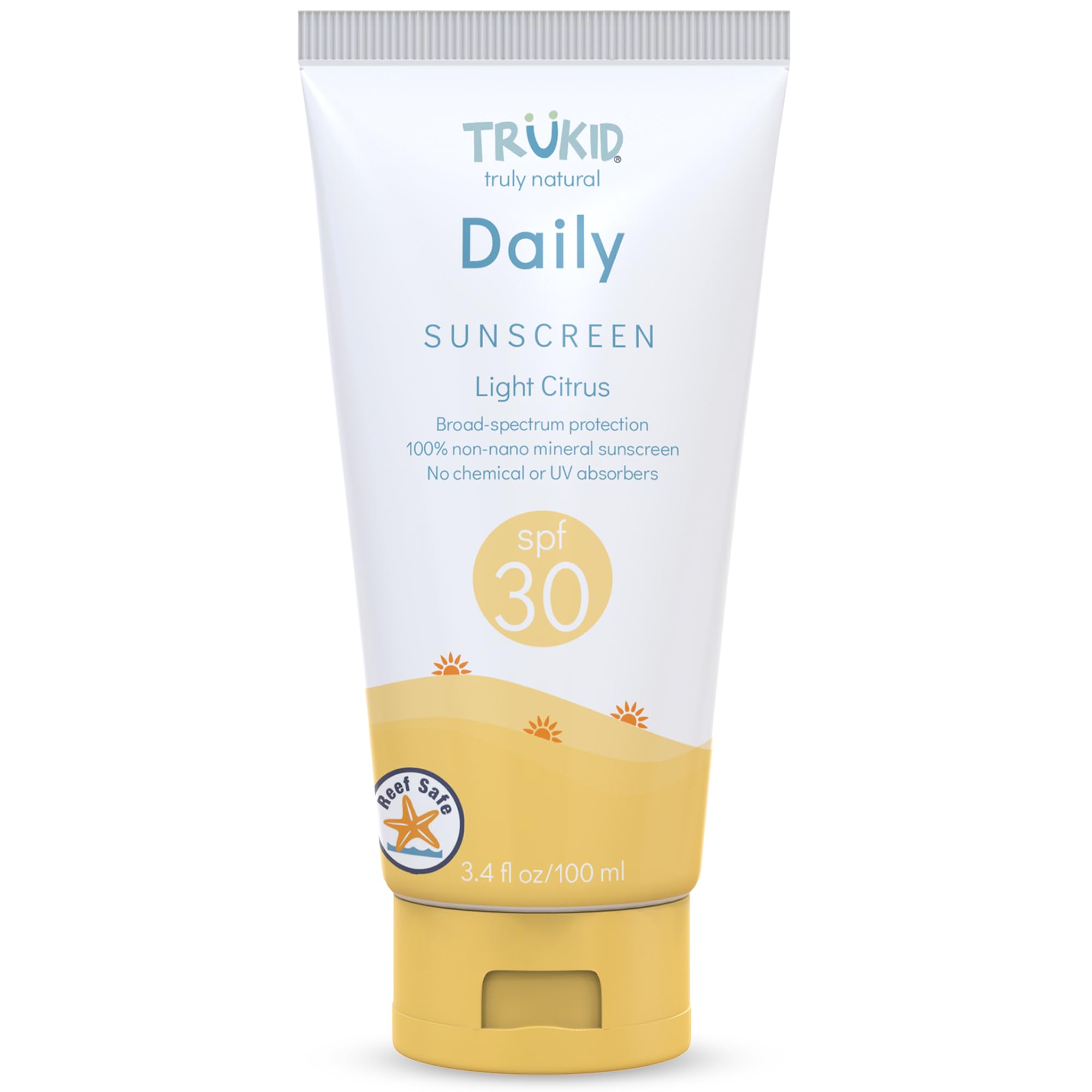 TruKid Daily Mineral Sunscreen tube front demonstrates kid-friendly, easy application.