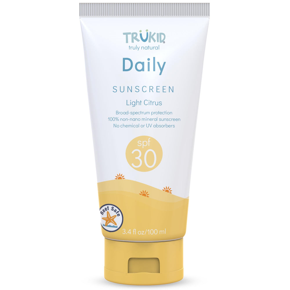 TruKid Daily Mineral Sunscreen tube front demonstrates kid-friendly, easy application.