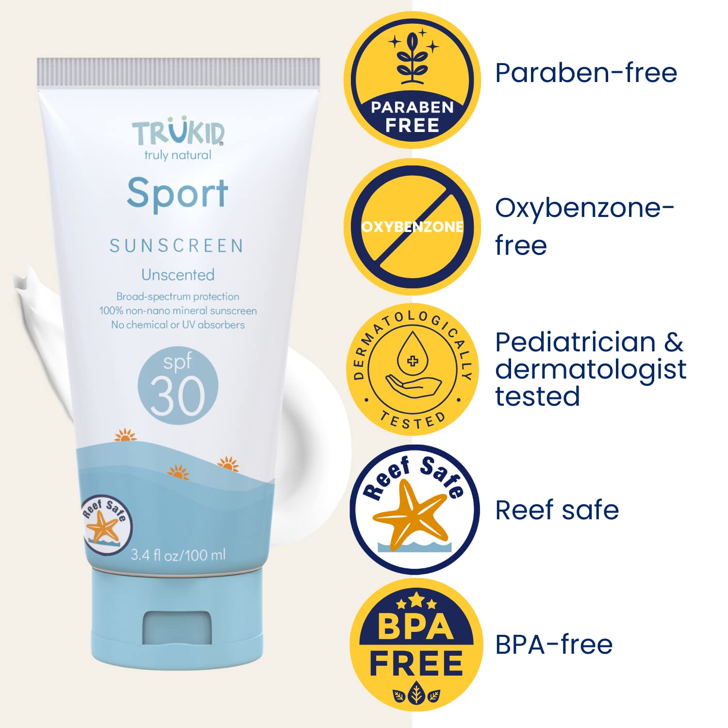 TruKid Sport sunscreen made-in-USA bottle emphasizing quality and safety for kids