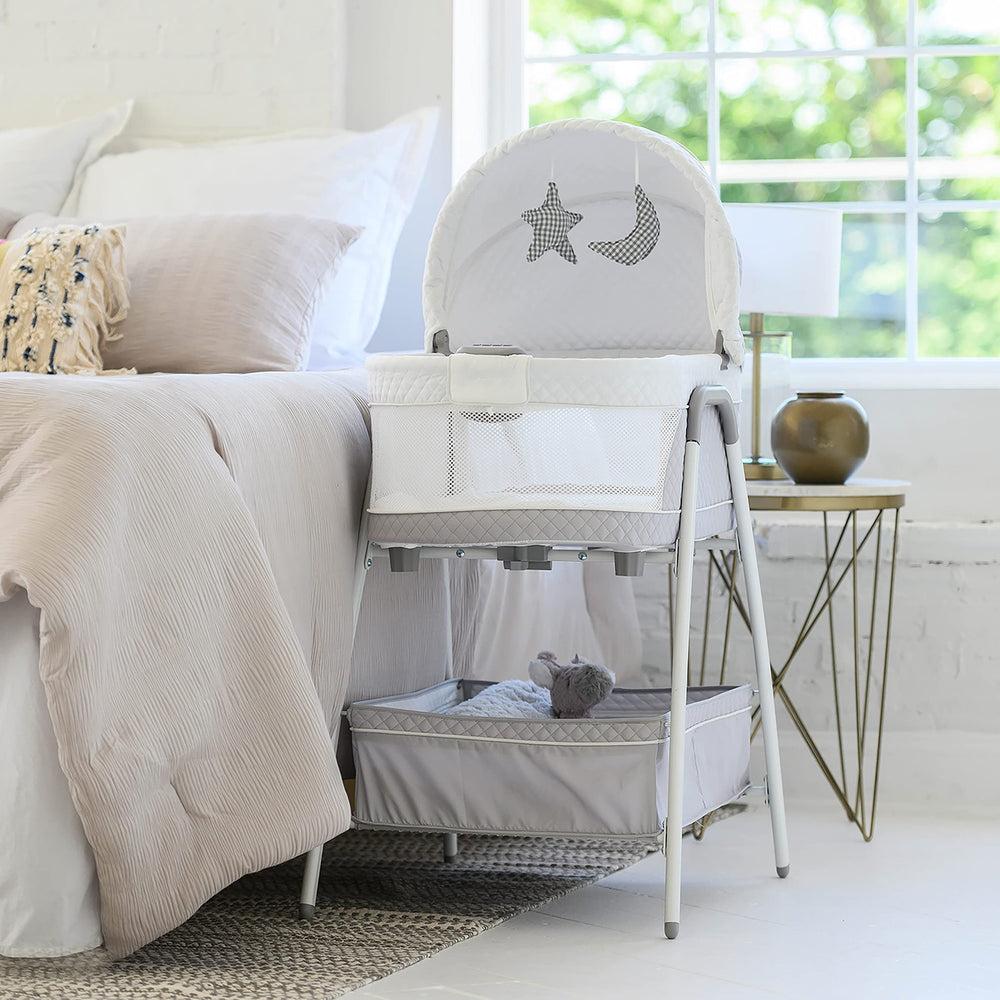 TruBliss Journey quilted sleeping area with mesh sides for breathable, visible baby sleep.
