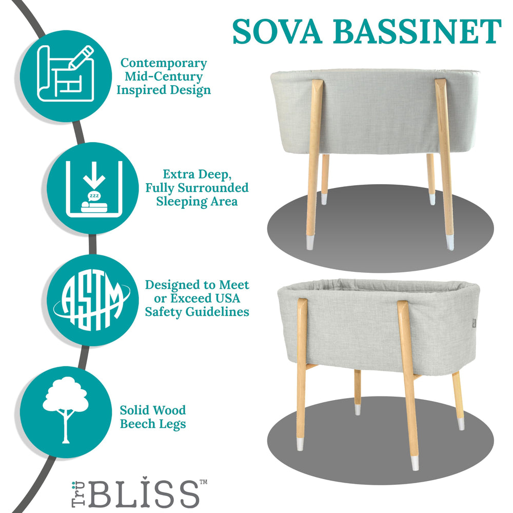 TruBliss Sova bassinet Beech legs with brushed brass tips add premium style.