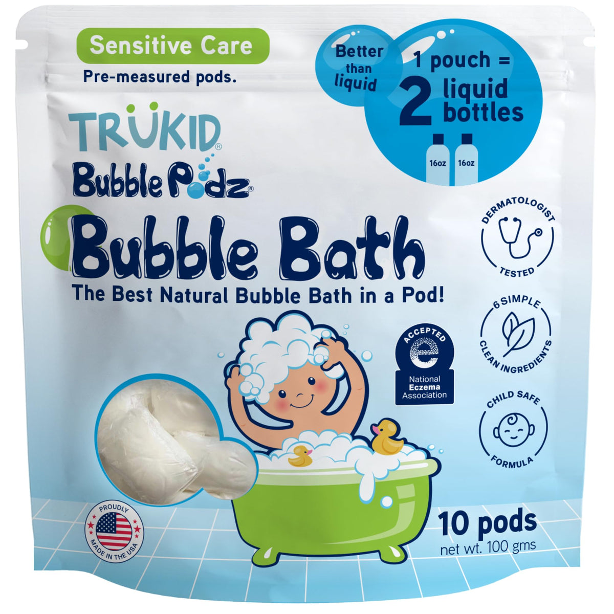 TruKid Bubble Podz creates rich bath bubbles for kids during tub time.