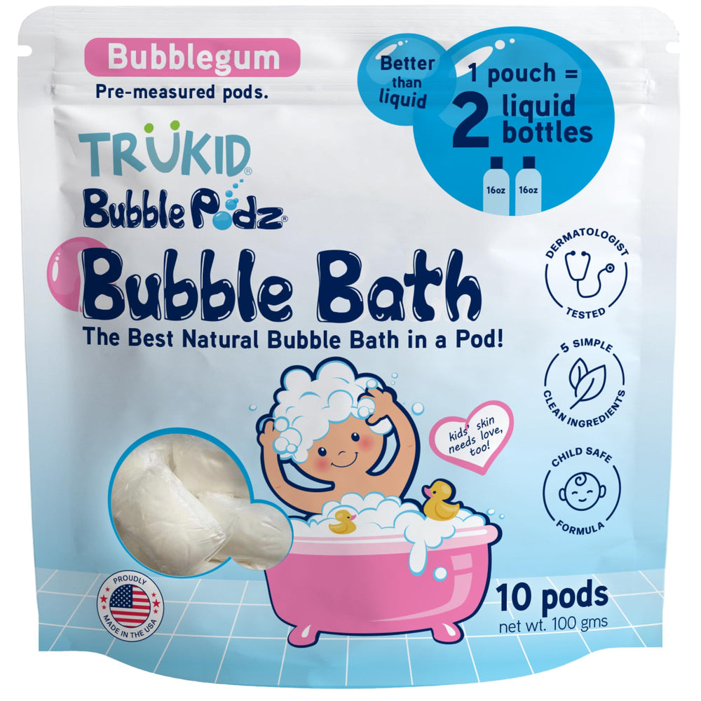 TruKid Bubble Podz in tub creates rich bubbles for safe bath time.