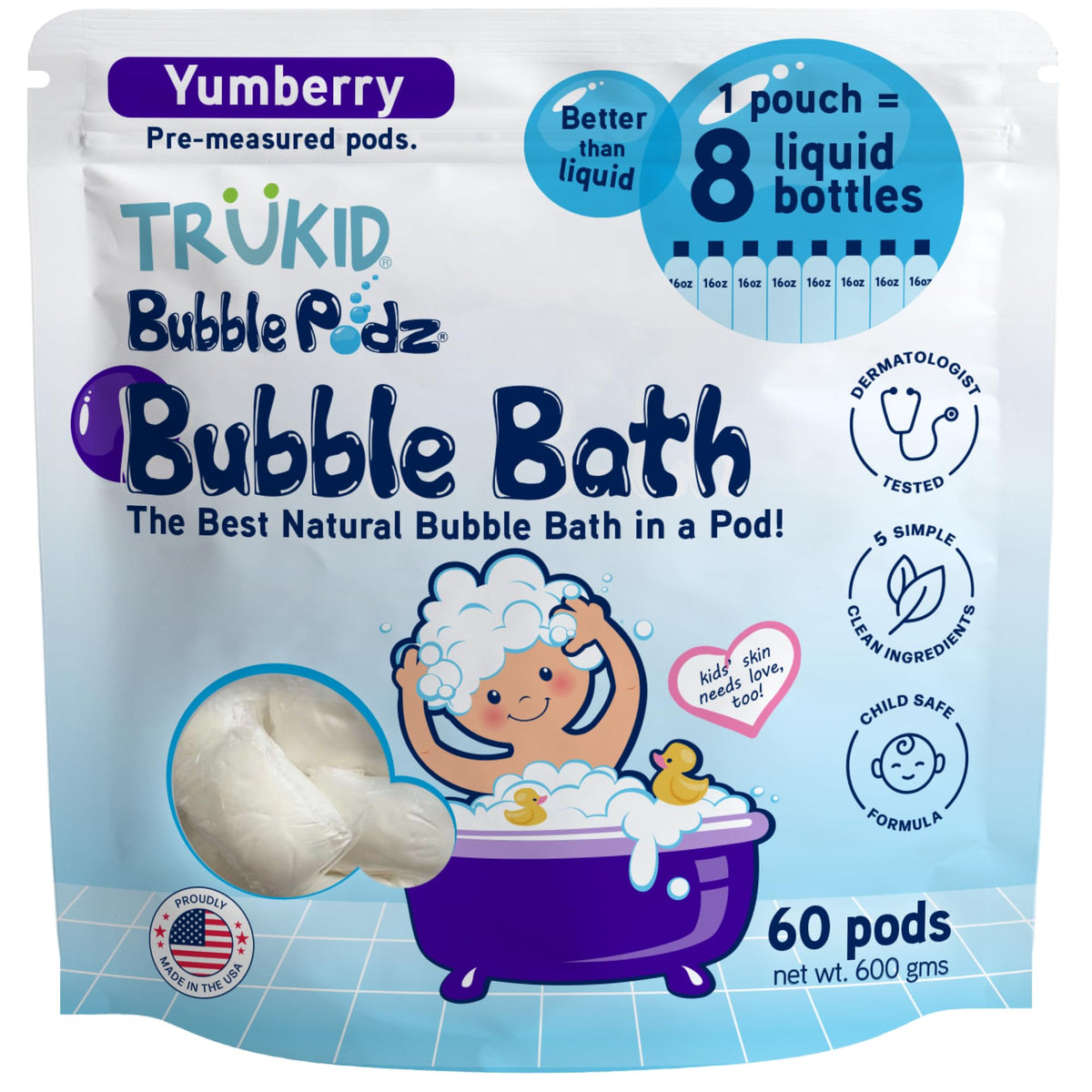 TruKid Bubble Podz dissolving pod creates lasting bubbles for bath time.