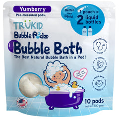 TruKid Bubble Podz dissolving pod creating gentle bubbles for kids.