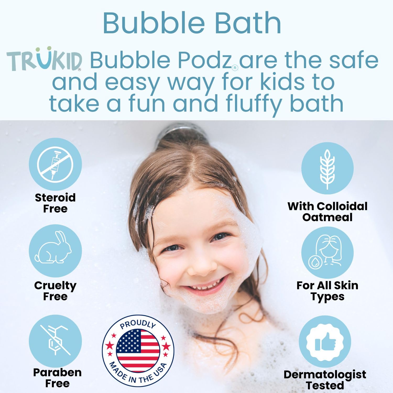 TruKid Bubble Podz fragrance-free formula suits sensitive skin and eczema-prone kids.