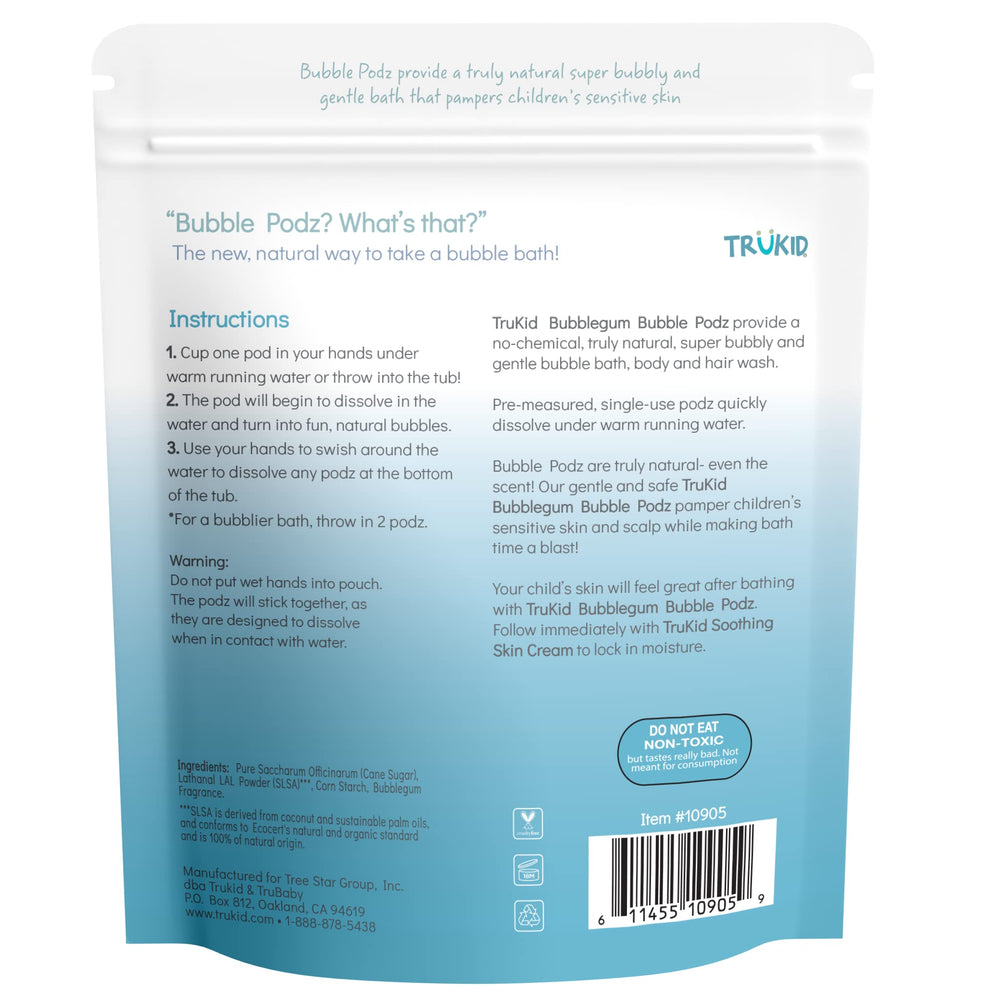 TruKid Bubble Podz natural moisturizers shown on bottle close-up.